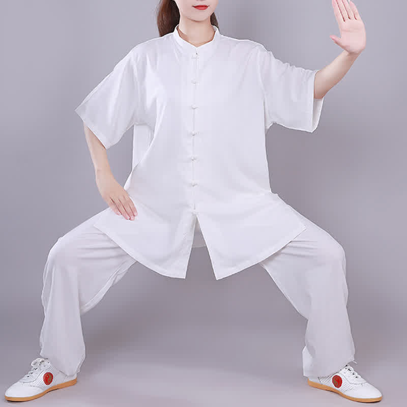 Buddha Stones太極拳 気功 瞑想 祈り スピリチュアル 禅 練習 ユニセックス コットン リネン 服 セット - 白 - 半袖 - US14、 UK/AU18、 EU46 (3XL)  - image 0
