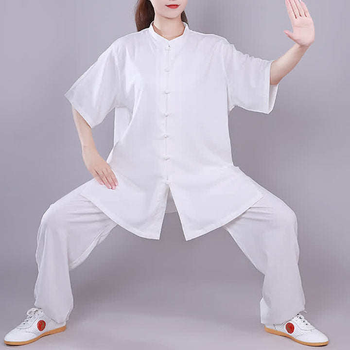 Buddha Stones太極拳 気功 瞑想 祈り スピリチュアル 禅 練習 ユニセックス コットン リネン 服 セット - 白 - 半袖 - US14、 UK/AU18、 EU46 (3XL)  - image 0