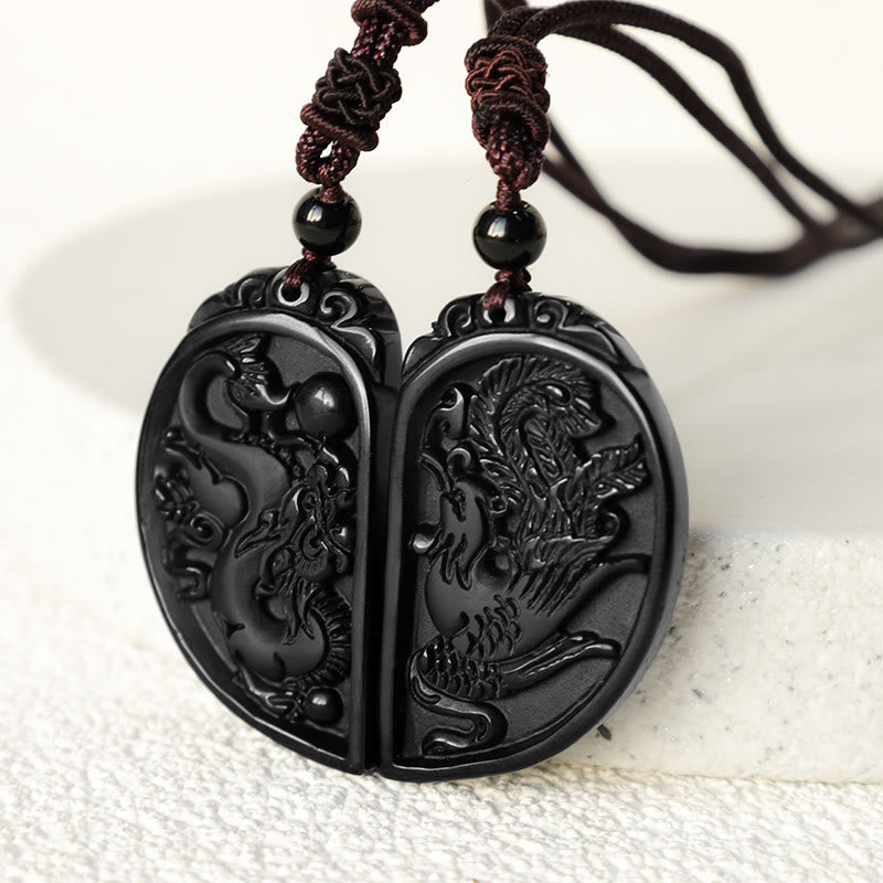 Buddha Stonesブラックオブシディアン 愛の龍 鳳凰 守護ネックレス ペンダント - image 4