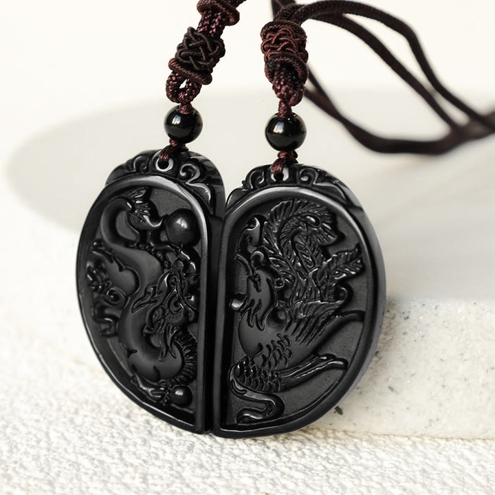 Buddha Stonesブラックオブシディアン 愛の龍 鳳凰 守護ネックレス ペンダント - image 4