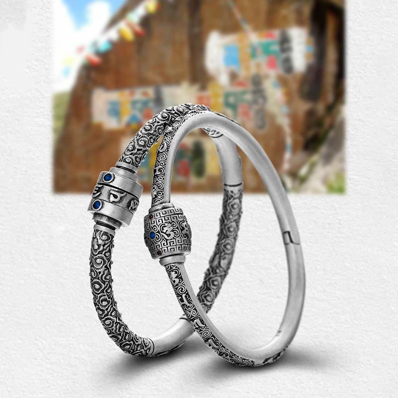 Buddha Stones990 スターリングシルバー チベットの吉兆の雲オーム・マニ・パドメ・フム彫刻 創造性 ブレスレット バングル