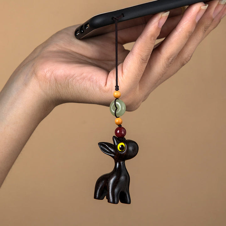 Buddha Stones緑白檀 黒檀 ミニ鹿 ポジティブピース バックル キーチェーン 携帯電話吊り下げ装飾