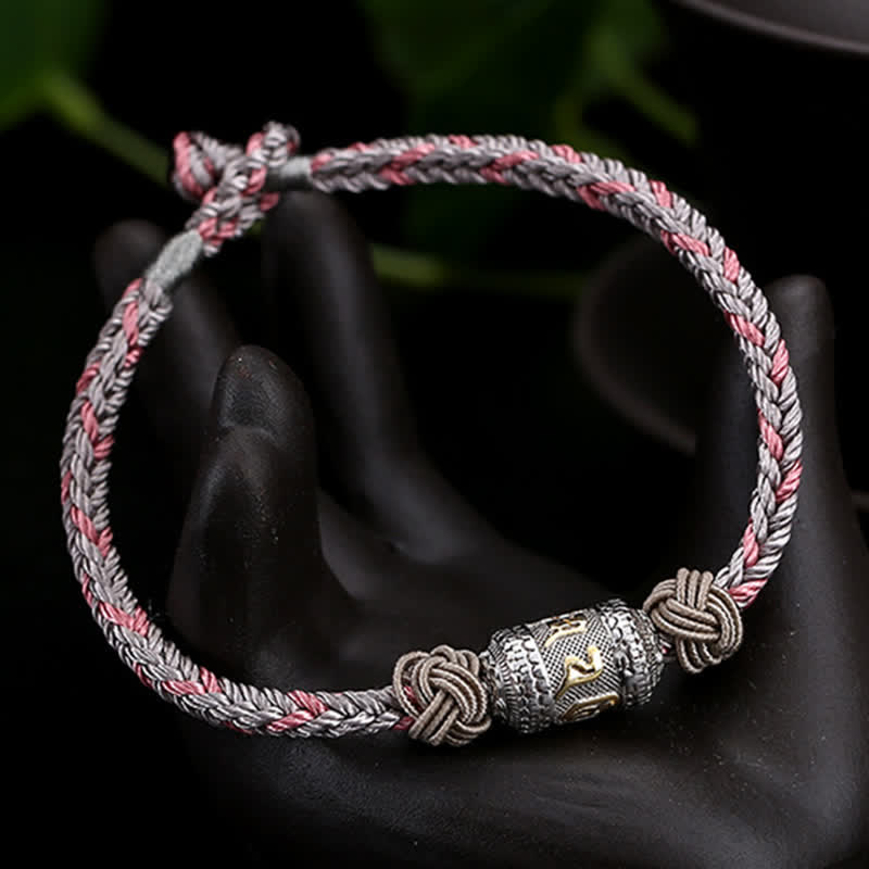 Buddha Stones925 スターリングシルバーオーム・マニ・パドメ・フム祈祷ホイール幸運 強さ赤紐ブレスレット