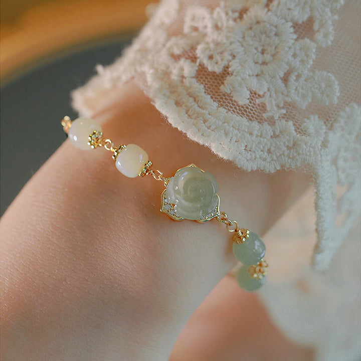 Buddha Stones14K ゴールドメッキ 和田翡翠 ローズフラワー 幸運のチェーンブレスレット
