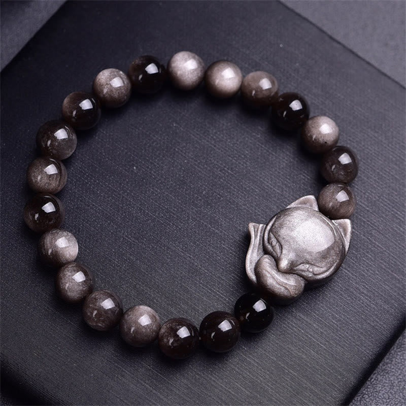 Buddha Stones天然銀光沢黒曜石キツネ守護ブレスレット