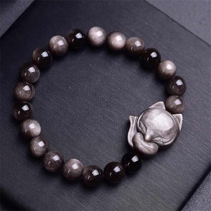 Buddha Stones天然銀光沢黒曜石キツネ守護ブレスレット