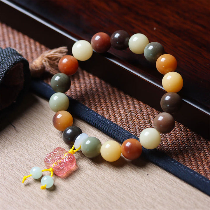Buddha Stones天然 マルチカラー グラデーション 菩提樹 瑠璃ガラス チャーム 平和ブレスレット