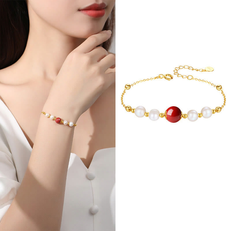 Buddha Stones925スターリングシルバー パール シナバー ヒーリングビーズチェーンブレスレット