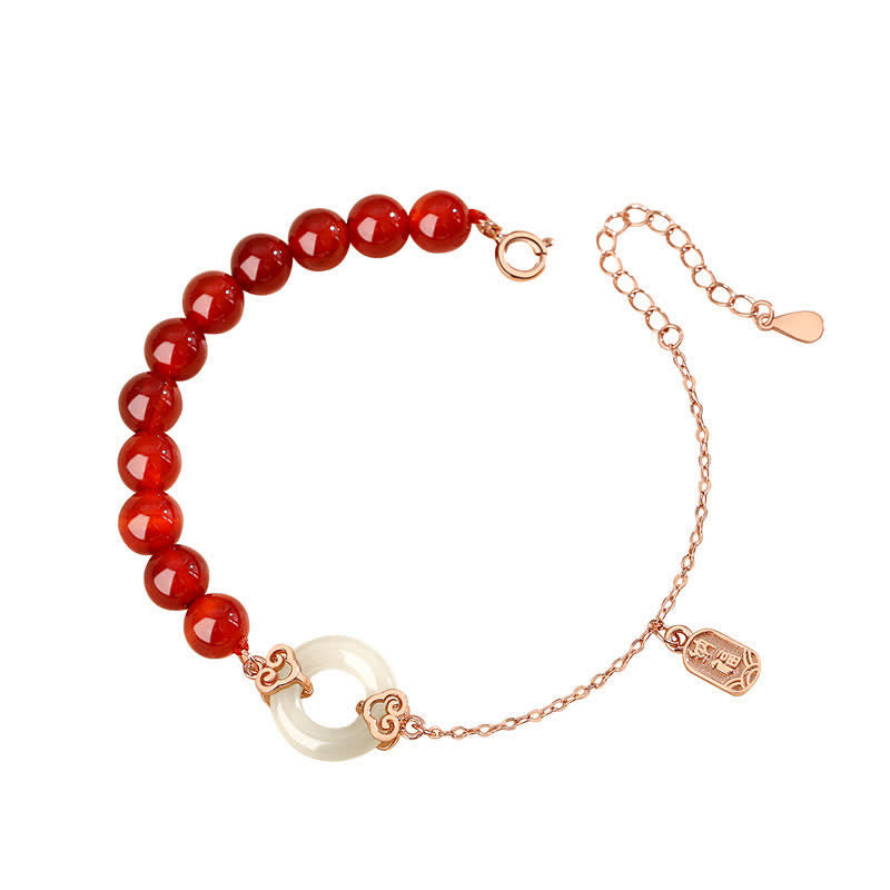 Buddha Stones 925スターリングシルバー 天然レッドアゲート ホワイトジェイド ピースバックル コンフィデンスブレスレット