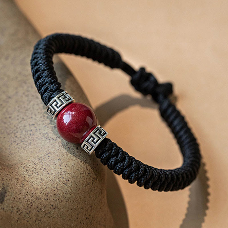 Buddha Stones 925スターリングシルバー 天然辰砂ビーズ 落ち着いたハンドメイド編み紐ブレスレット