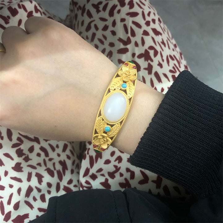 Buddha Stonesシアン翡翠 白翡翠 花 葉 ハーモニー幸運ブレスレットバングル