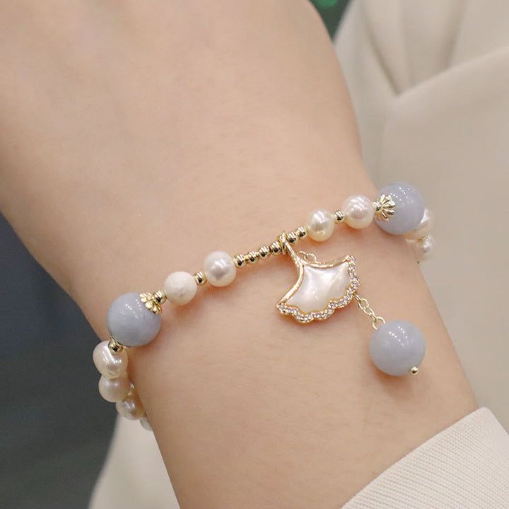 Buddha Stones天然アクアマリンパール ヒーリング イチョウの葉 バタフライ チャームブレスレット
