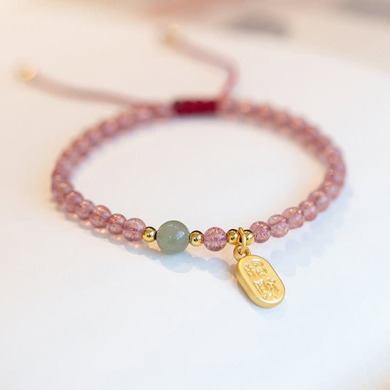 Buddha Stones天然ストロベリークォーツガーネット翡翠幸運福キャラクターヒーリングチャームブレスレット