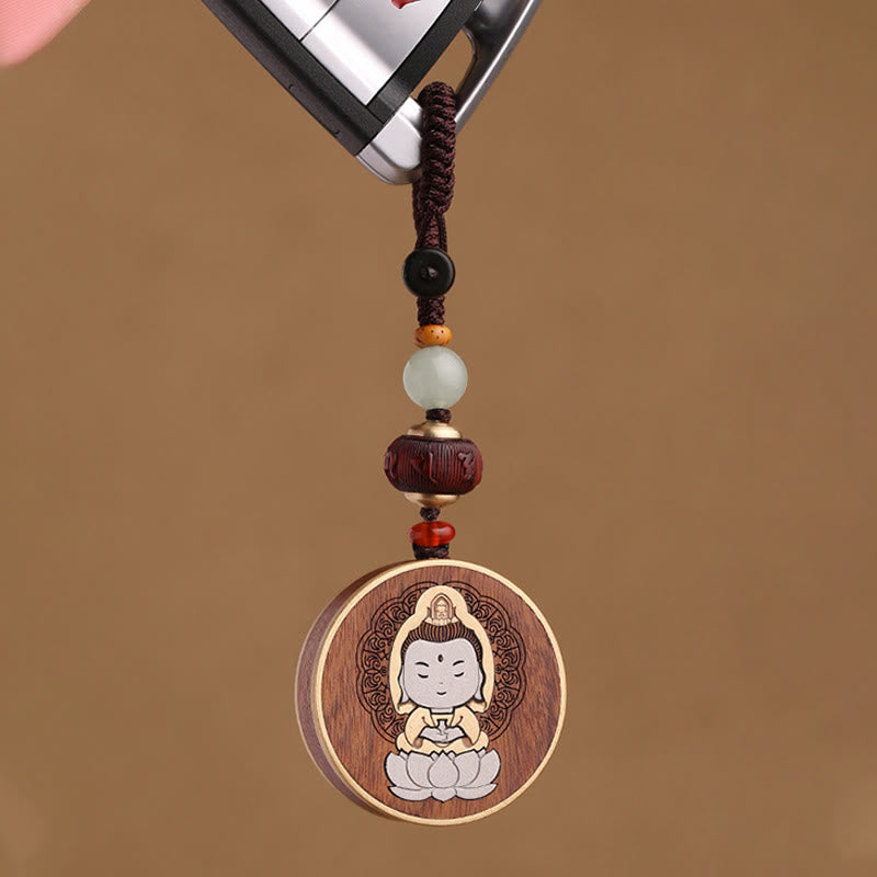 Buddha Stones黒檀木材ローズウッド仏観音菩薩Om Mani Padme Humバランス車のキーチェーン装飾