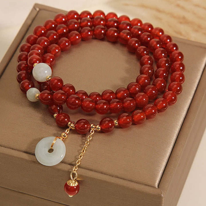 Buddha Stones天然赤瑪瑙翡翠 平和バックル 落ち着いたトリプルラップブレスレット