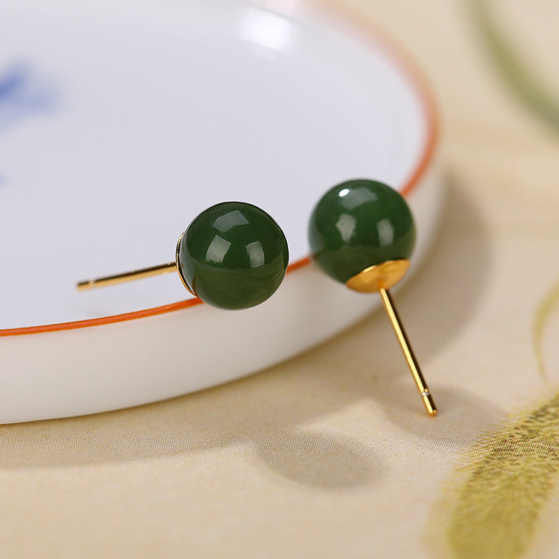Buddha Stones925スターリングシルバー ラウンド シアン翡翠 ヒーリングカーム スタッドピアス