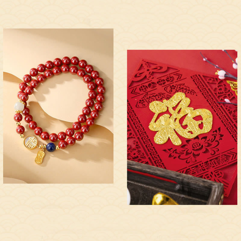 Buddha Stones 925スターリングシルバー 辰砂 シャコガイ フーキャラクター ダブルラップ 祝福ブレスレット