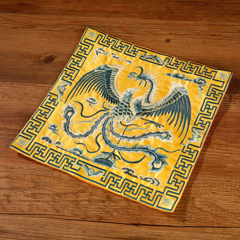 Buddha Stones鳳凰 龍 麒麟 刺繍 カップマットパッド ティーカップコースター スクエア カンフーティーマット