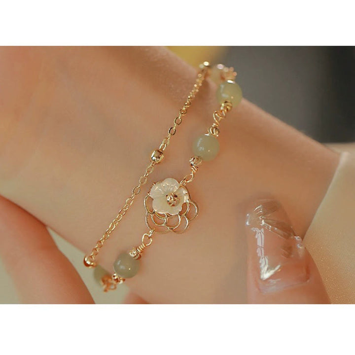 Buddha Stones 14K金メッキ 翡翠＆シャコガイ バタフライモチーフ 2連幸運ブレスレット