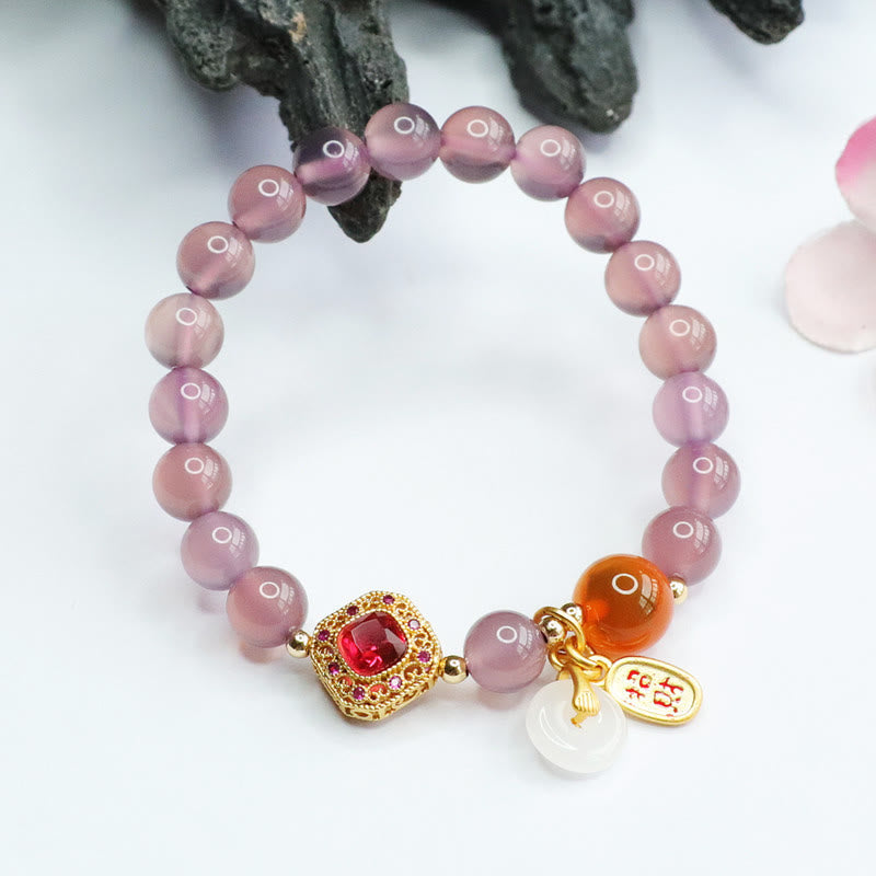 Buddha Stones天然パープルカルセドニー キャンディアゲート 平和バックル ハーモニー 幸運 幸運 チャーム ブレスレット