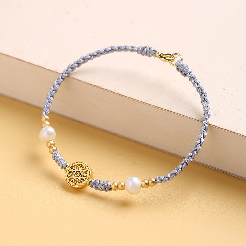 Buddha Stones、銅貨、幸運の木、真珠、幸運の青いロープ編みブレスレット