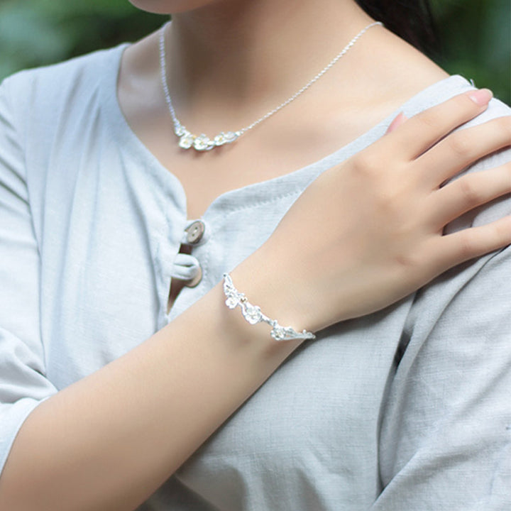 Buddha Stones925スターリングシルバー プラムフラワー 祝福ブレスレット 調節可能バングル