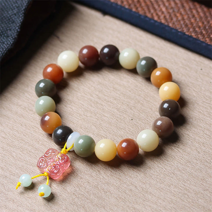 Buddha Stones天然 マルチカラー グラデーション 菩提樹 瑠璃ガラス チャーム 平和ブレスレット