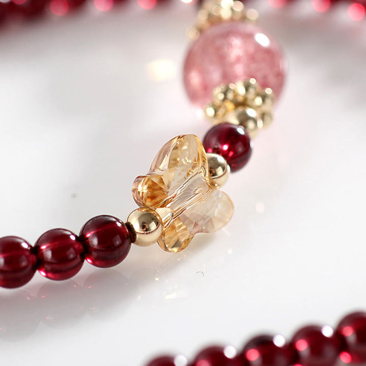 Buddha Stones 14Kゴールドメッキ 天然ガーネット ストロベリークォーツ バタフライプロテクション ダブルラップブレスレット