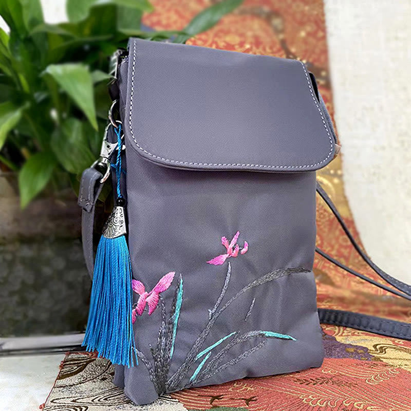 Buddha Stones防水ハンドメイド刺繍蓮の花クロスボディバッグショルダーバッグ携帯電話バッグ