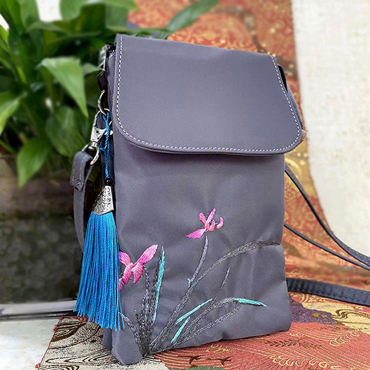 Buddha Stones防水ハンドメイド刺繍蓮の花クロスボディバッグショルダーバッグ携帯電話バッグ