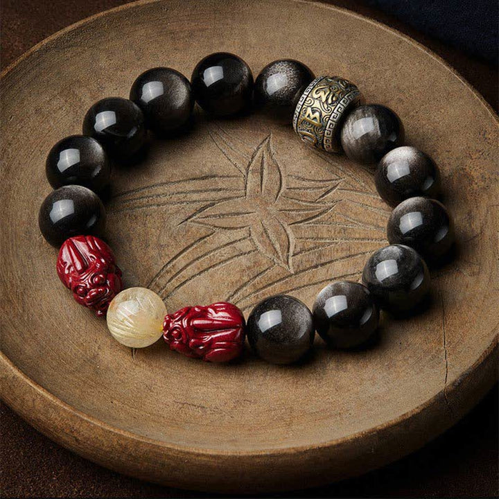 Buddha Stones金彩 黒曜石 貔貅 辰砂オーム・マニ・パドメ・フム守護ブレスレット