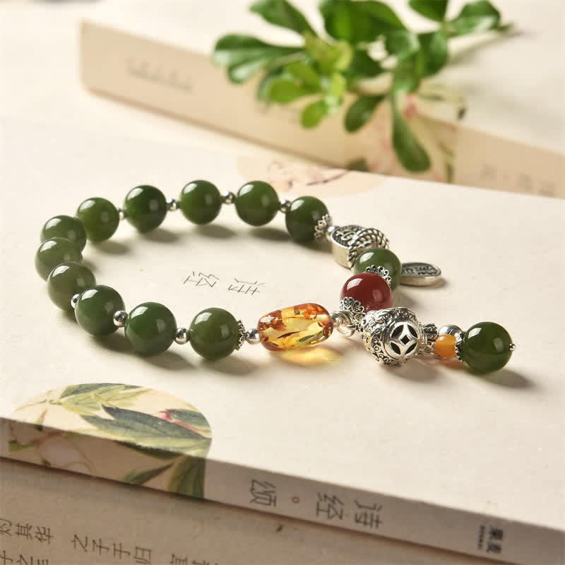 Buddha Stones 925スターリングシルバー 和田シアン翡翠ひょうたん琥珀成功ブレスレット
