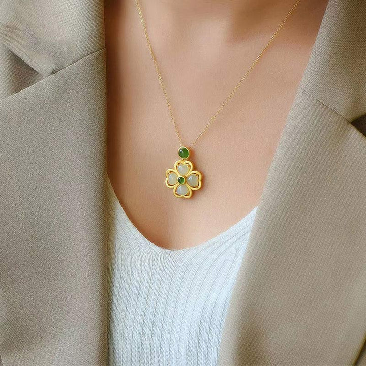 Buddha Stones925スターリングシルバー 幸運の四つ葉のクローバー 翡翠 繁栄のネックレスチェーンペンダント