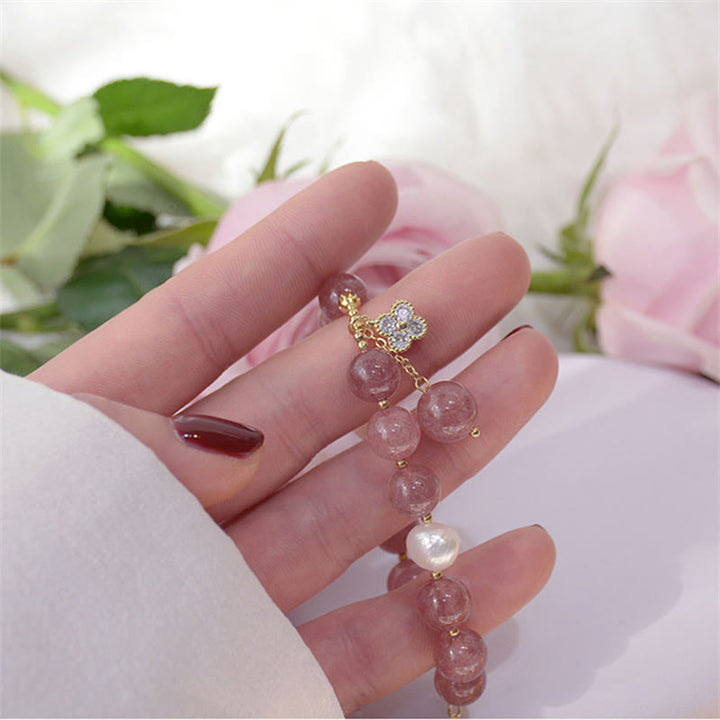 Buddha Stones天然ストロベリークォーツパール 四つ葉のクローバー ラブブレスレット