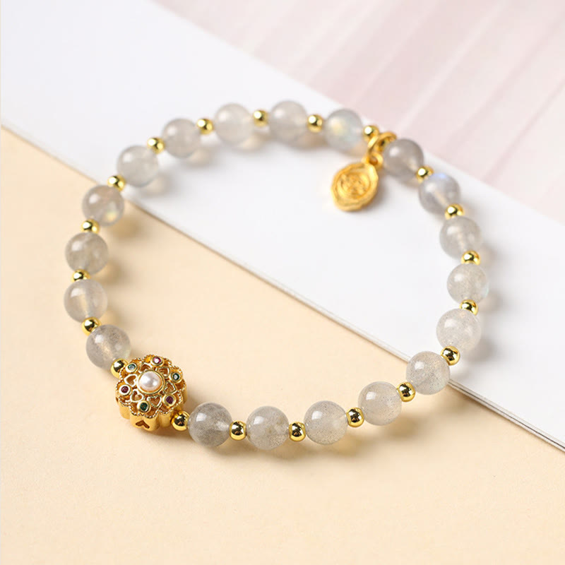 Buddha Stones 14Kゴールドメッキ 天然ストロベリークォーツ ラブラドライト サンストーン 福の字 ポジティブチャームブレスレット