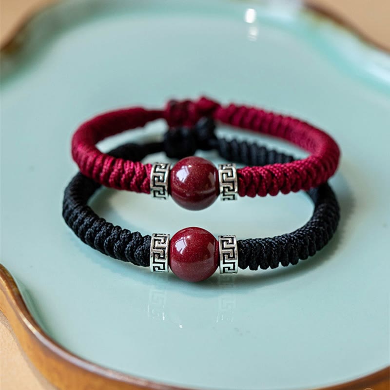 Buddha Stones 925スターリングシルバー 天然辰砂ビーズ 落ち着いたハンドメイド編み紐ブレスレット