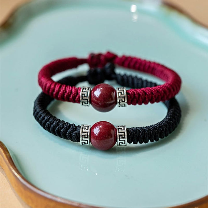 Buddha Stones 925スターリングシルバー 天然辰砂ビーズ 落ち着いたハンドメイド編み紐ブレスレット