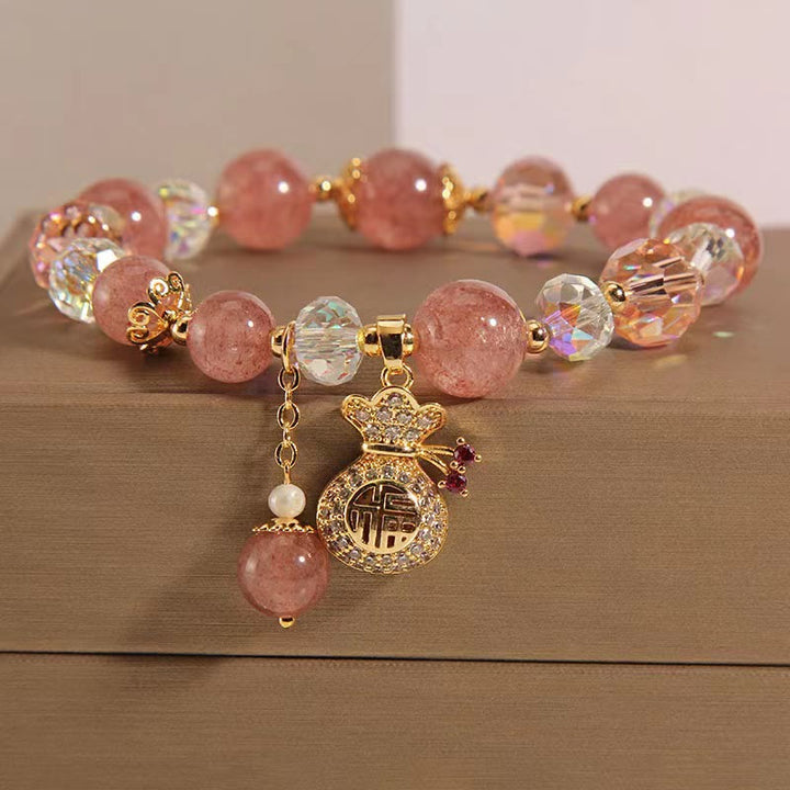 Buddha Stones 天然ストロベリークォーツ マネーバッグチャーム付き ポジティブブレスレット
