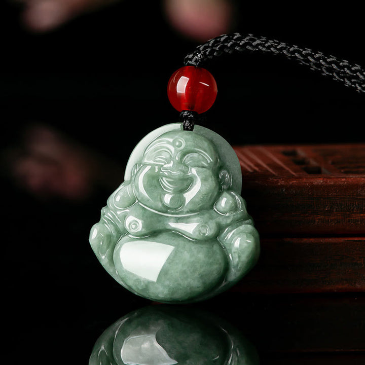 Buddha Stones天然グリーン翡翠 笑う仏陀 幸運 豊穣 ネックレス ペンダント
