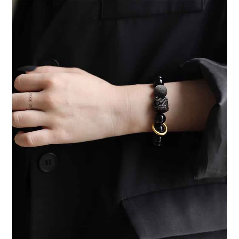 ブラックオブシディアン シルバーシーンオブシディアン ライオン ストレングス ブレスレット