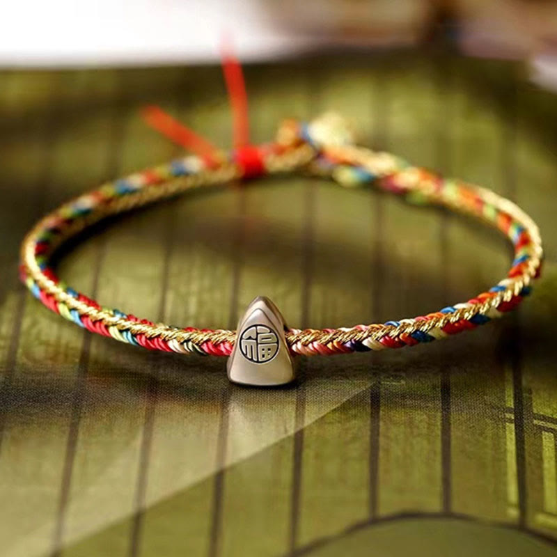 Buddha Stones925 スターリングシルバー 福文字粽柄 マルチカラーストリング 幸運 ハンドメイド 編み込みブレスレット