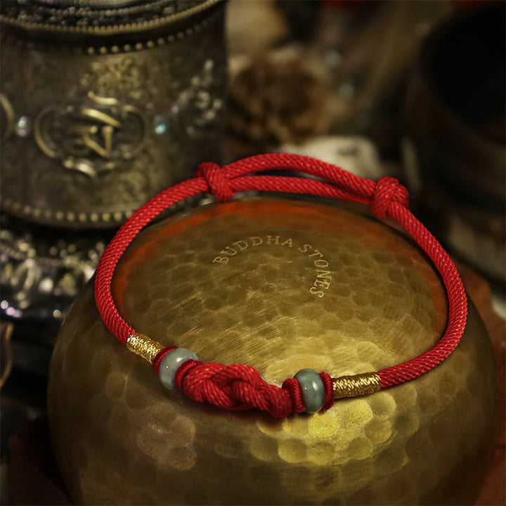 Buddha Stones 赤い糸 カップルブレスレット 翡翠入り 開運 編み紐 ペアアクセサリー