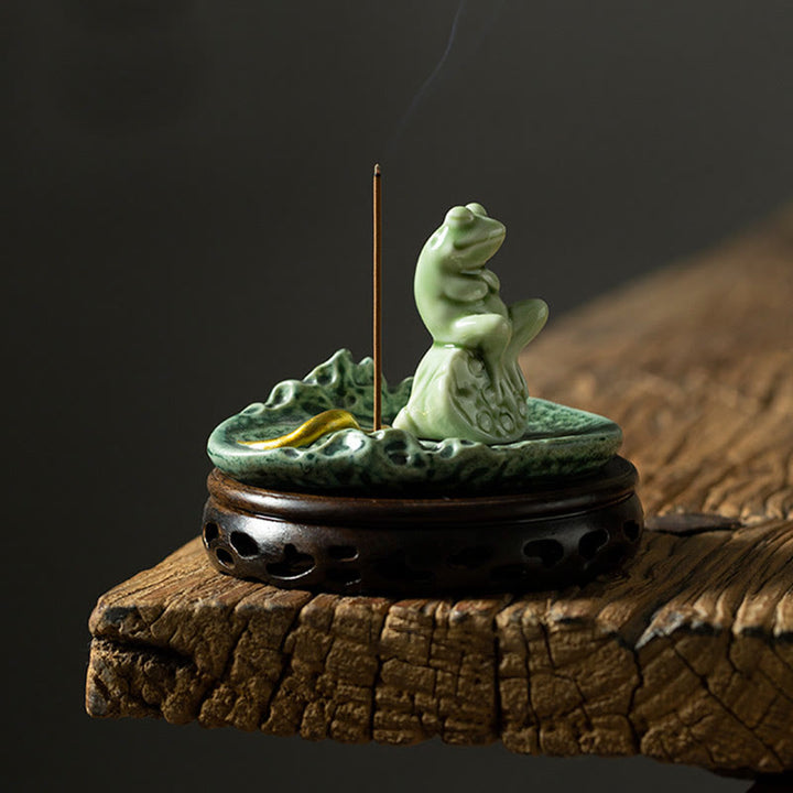 Buddha Stones葉 瞑想 カエル柄 癒し 陶器 香炉 装飾