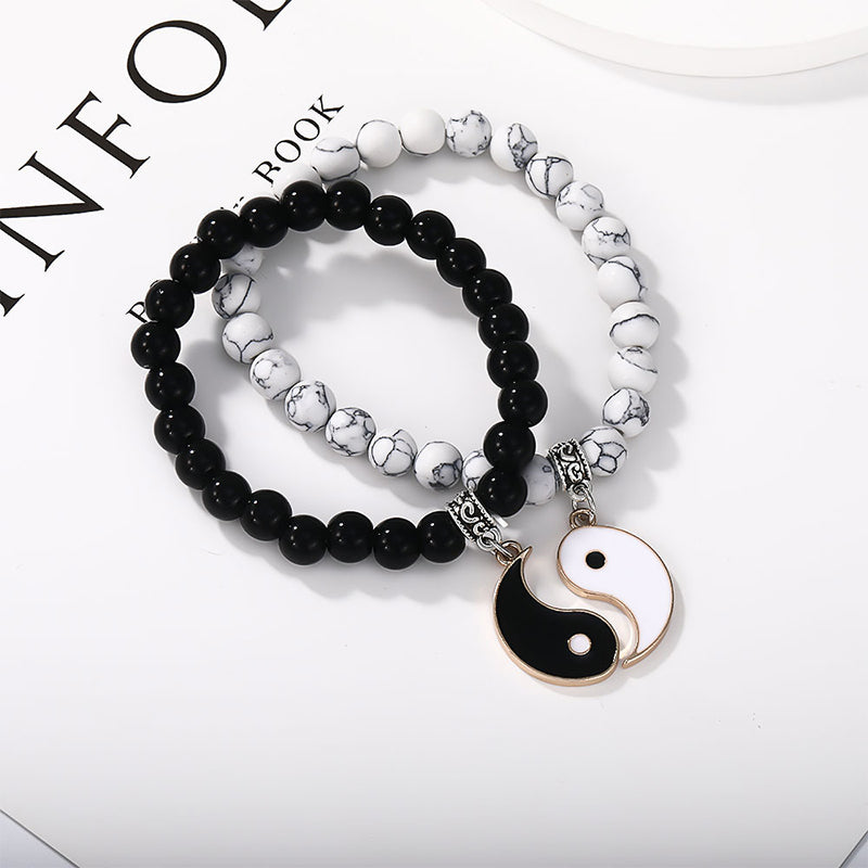 Buddha Stones2個入り ブラックオニキス ホワイトターコイズビーズ 陰陽守護 カップルブレスレット