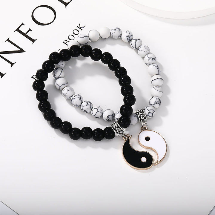 Buddha Stones2個入り ブラックオニキス ホワイトターコイズビーズ 陰陽守護 カップルブレスレット