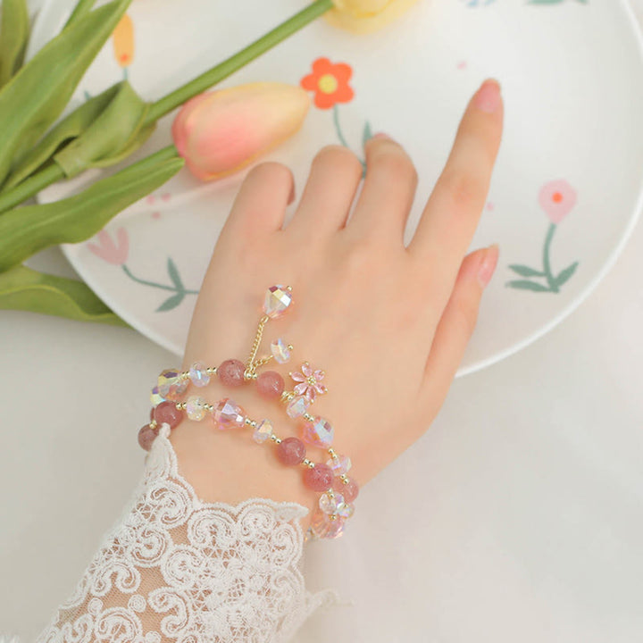 Buddha Stonesストロベリークォーツ ジルコン フラワー ヒーリング ダブルラップブレスレット