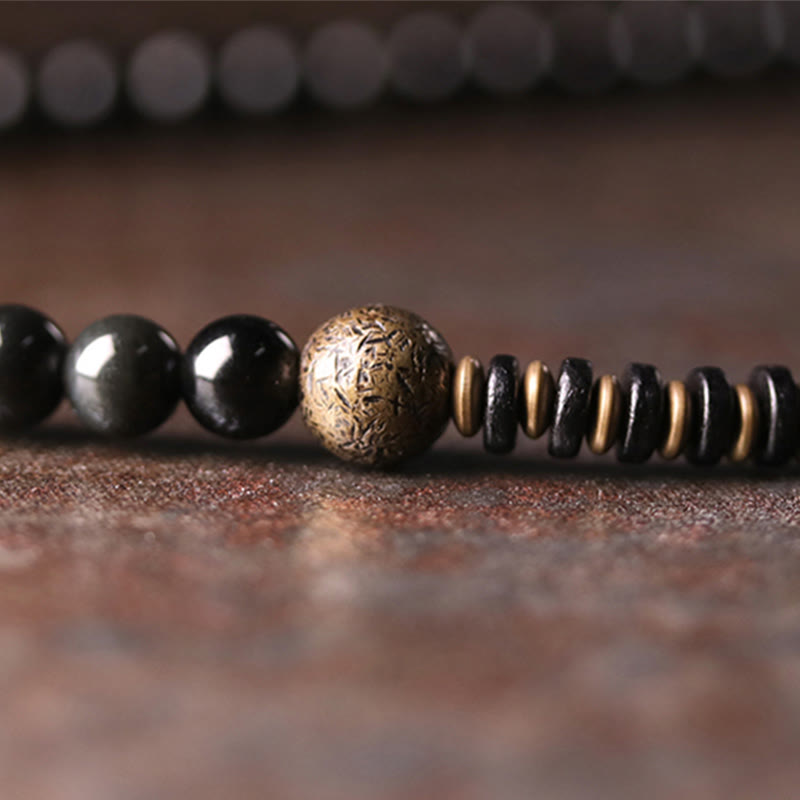 Buddha Stonesレインボーオブシディアン 黒檀 木 銅 ポジティブ マルチレイヤーブレスレット