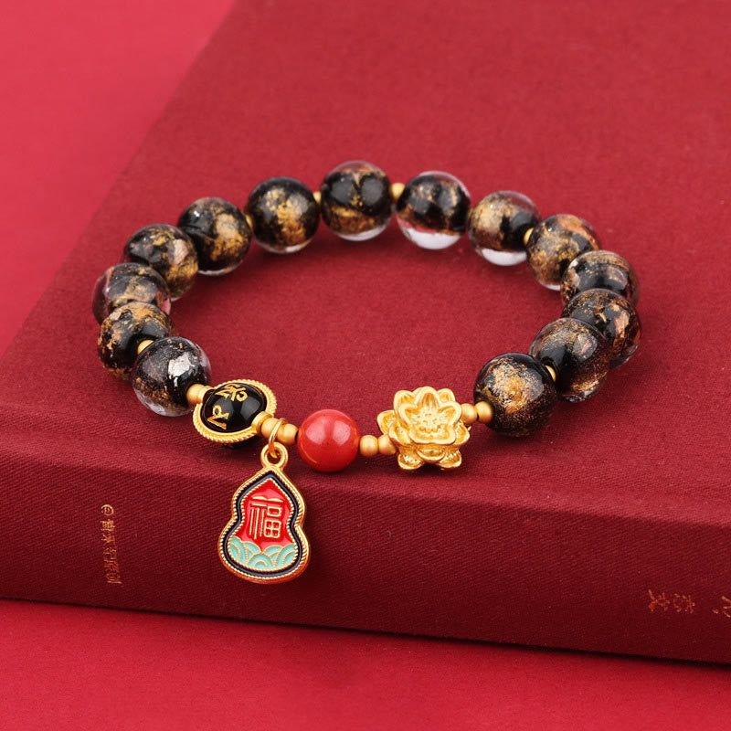 チベットのBuddha Stones、オーム・マニ・パドメ・フムフムフーのキャラクターひょうたんチャーム、蓮華座のガラスビーズ、幸運ブレスレット