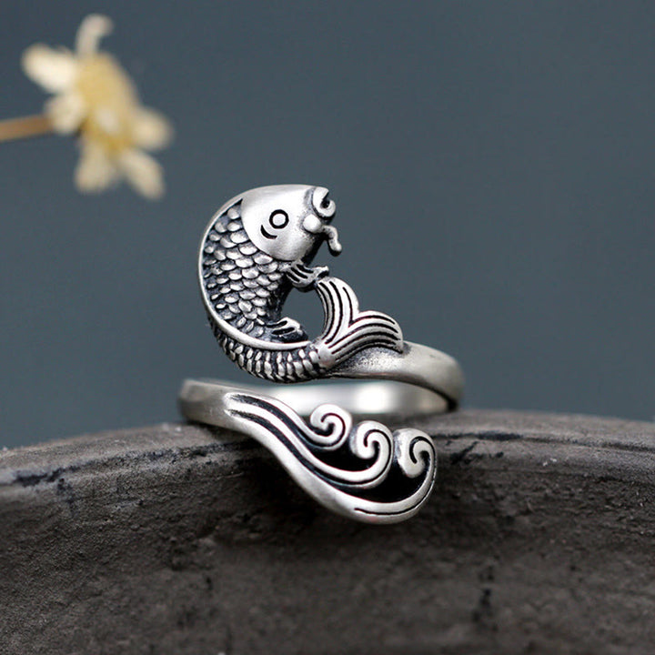 Buddha Stones925 スターリングシルバー 鯉 水の波紋 幸運 富の指輪 - 鯉（幸運♥豊かさ） - image 0