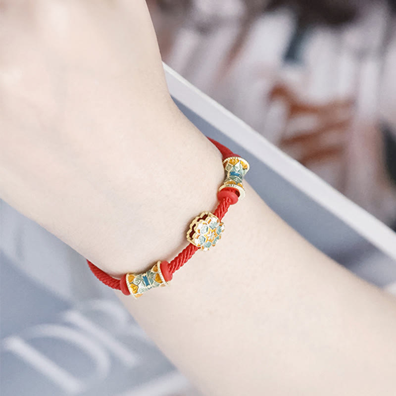 Buddha Stones敦煌 925 スターリングシルバー 蓮鼓 新たな始まり 赤いロープブレスレット